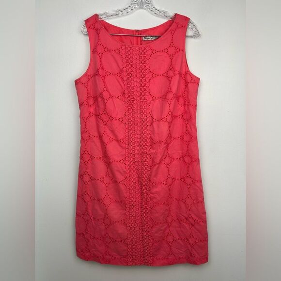 Eliza J Coral Pink Eyelet Lace Sleeveless Shift Dress Lined Style NO4M5645 Sz 14 - Picture 1 of 16